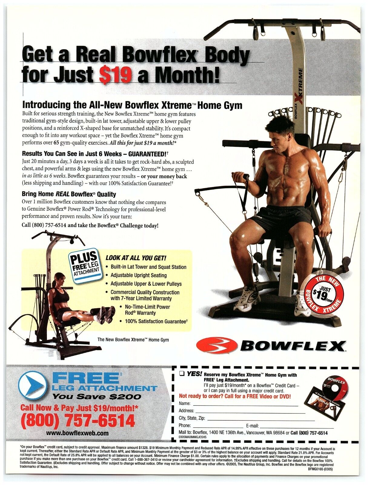 2005 Bowflex Xtreme Home Gym Print Ad, Hot Muscular Couple Working Out DVD Form