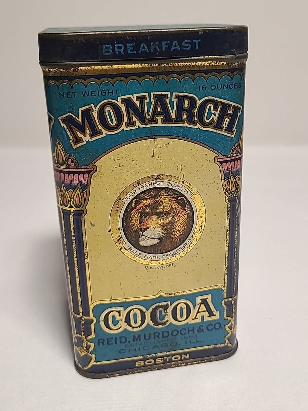 Antique Monarch Breakfast Cocoa Tin with Hinged Lid 16 Ounce Size Lion 1920s 