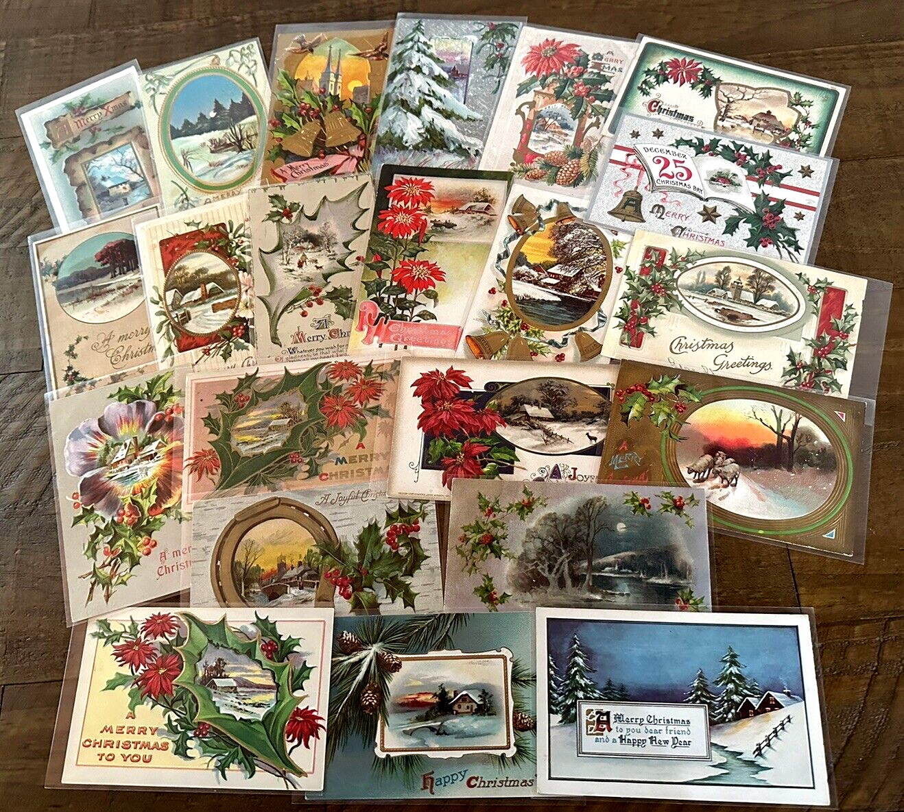 Lot of 22 Antique~Christmas Postcards with Winter Snowy & Village Scenes-h474