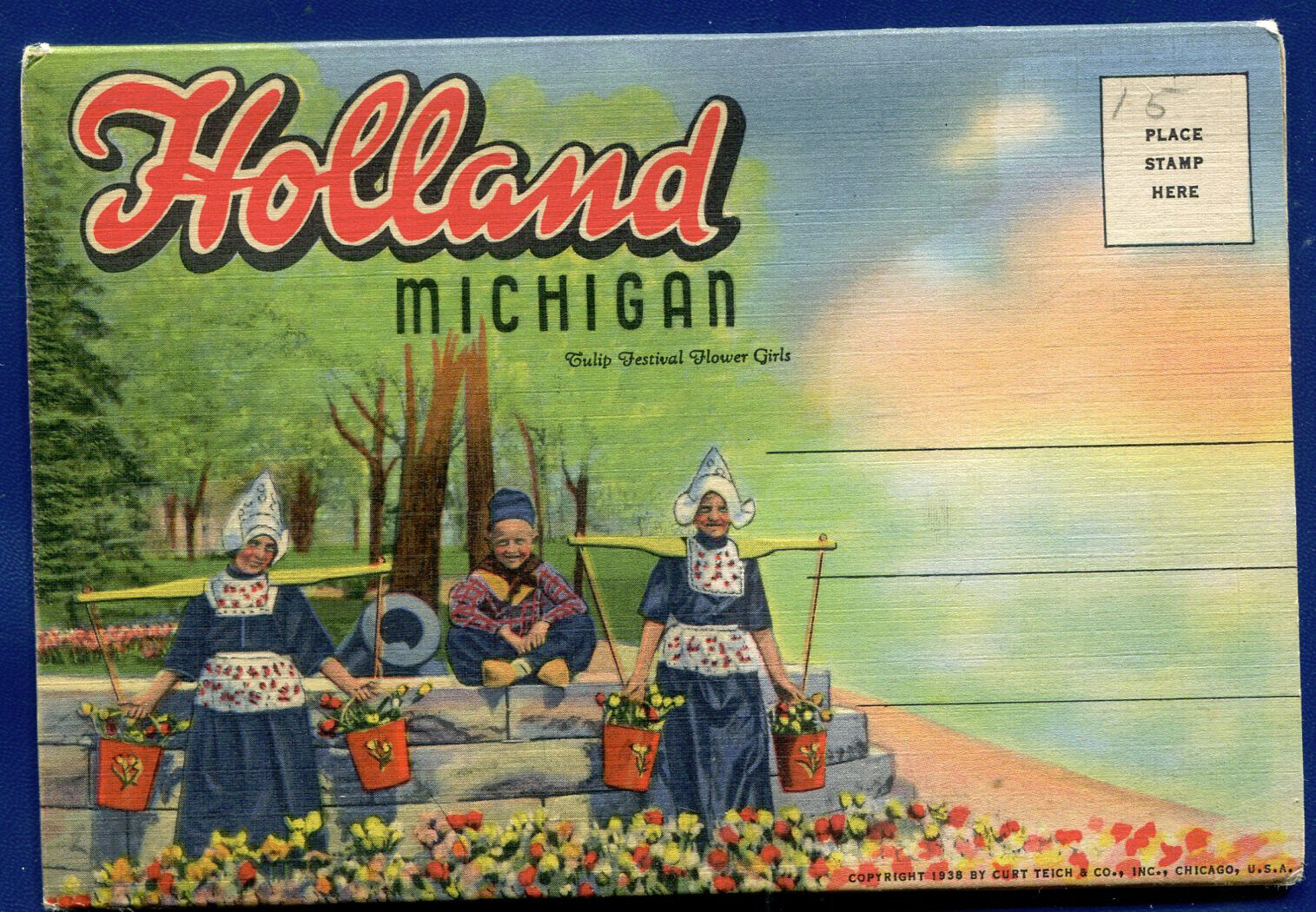 Holland Michigan mi Tulips parade Lake Matacawa postcard folder PF599