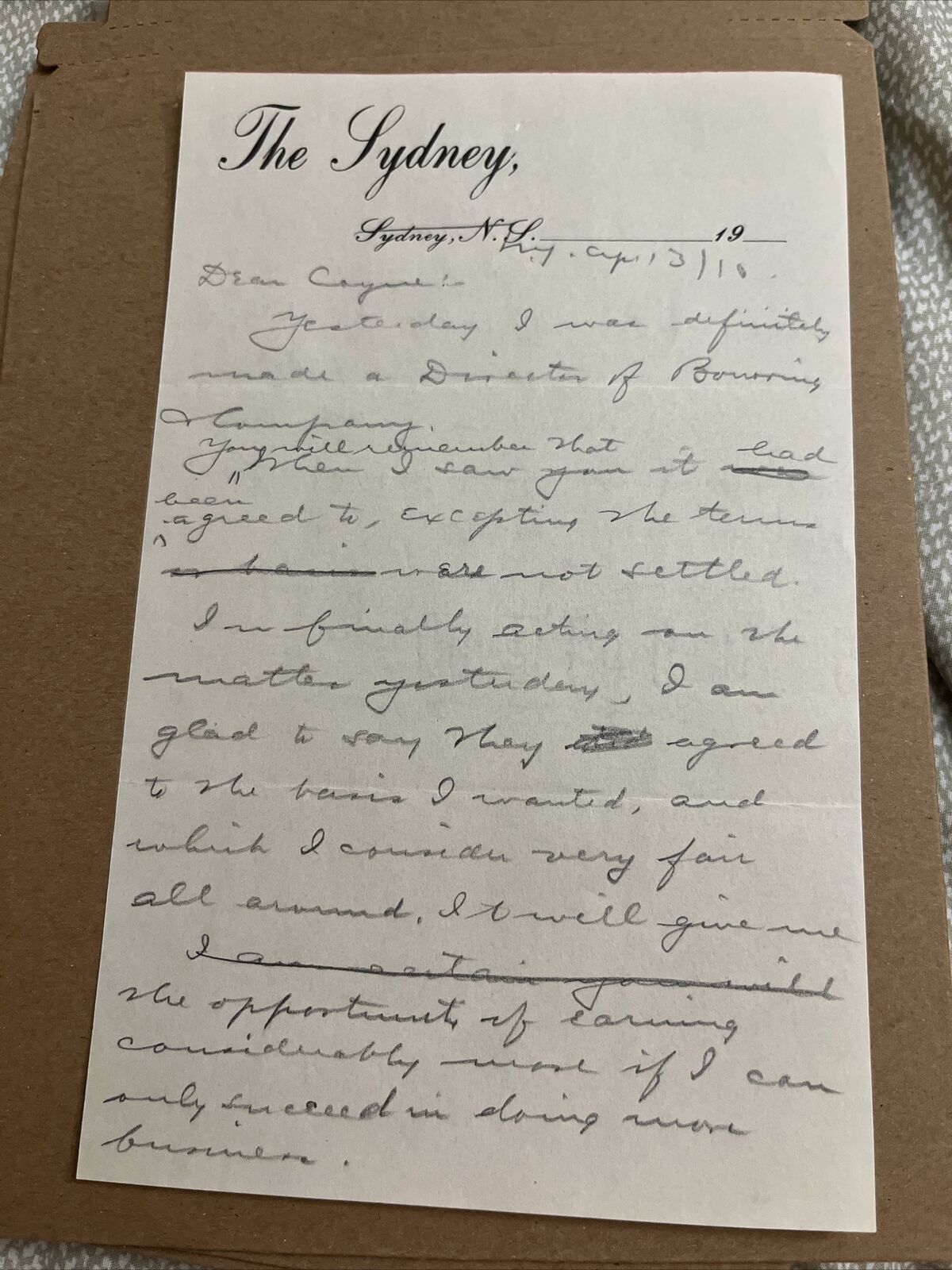 Antique 1910 Letter: The Sydney Nova Scotia Hotel Letterhead Canada History