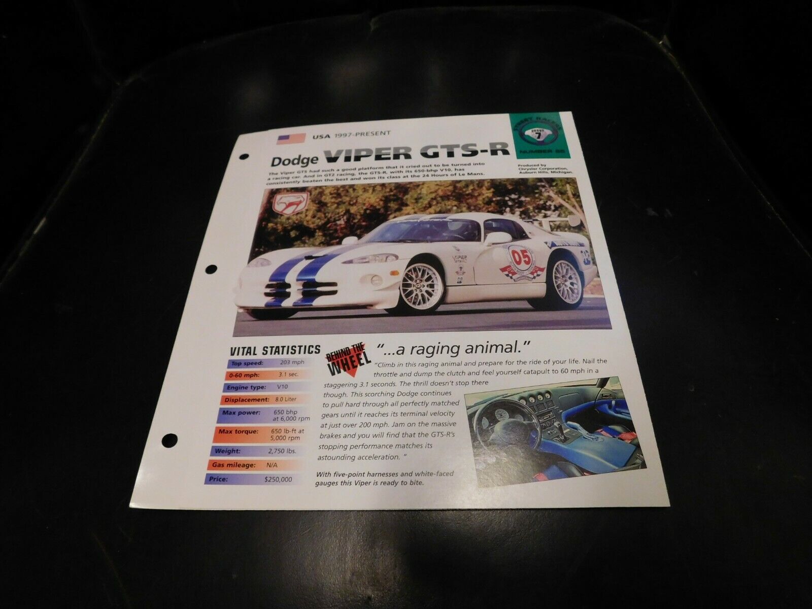 1997 Dodge Viper GTS-R Spec Sheet Brochure Photo Poster 