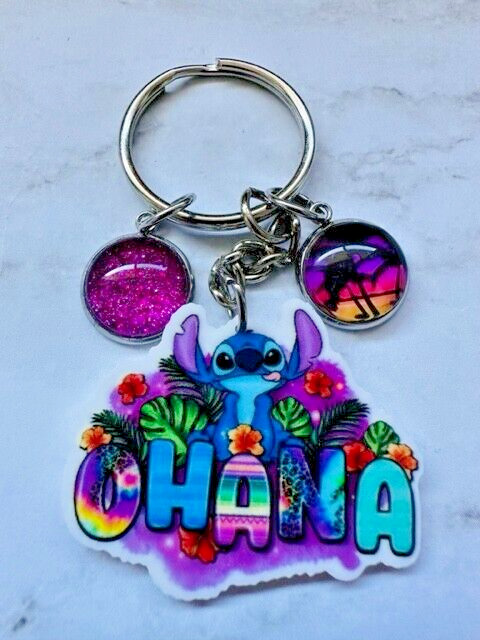 OHANA Stitch Hawaii Tropical Key Chain Backpack Tag Glitter Charms Pink RTS
