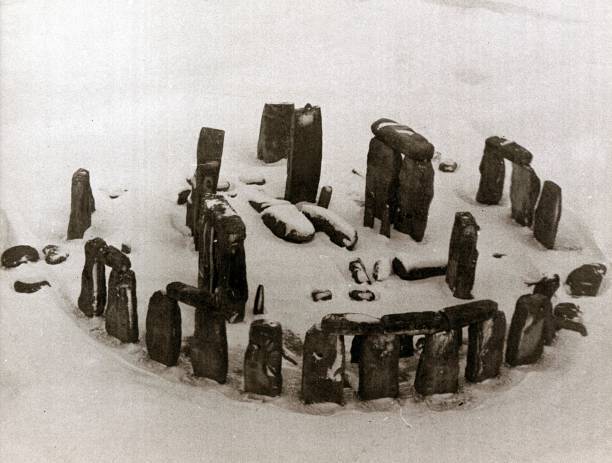 Aerial View Of The Ruins Of Stonehenge In Wiltshire Covered Snow 1963 Old Photo