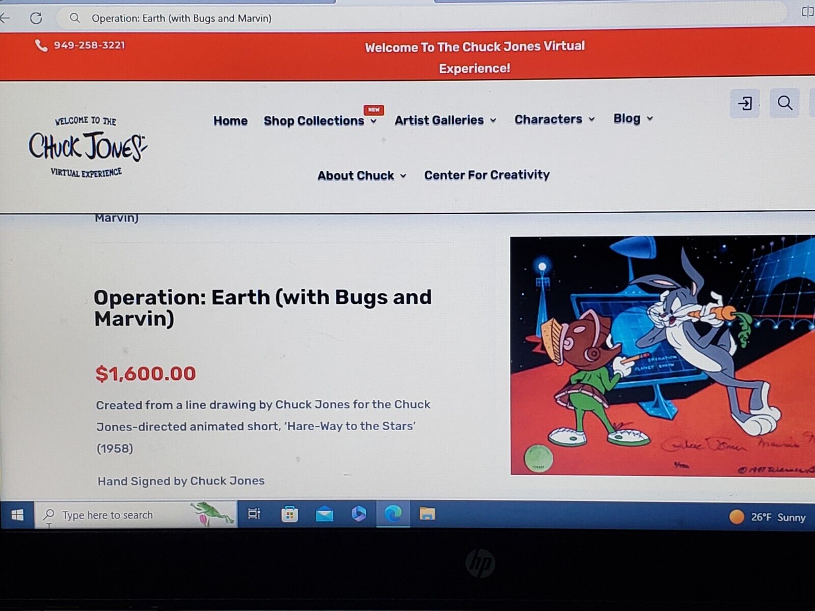 WARNER BROTHERS CEL 460/750 OPERATION: EARTH SIGNED BY CHUCK JONES- M NOBL