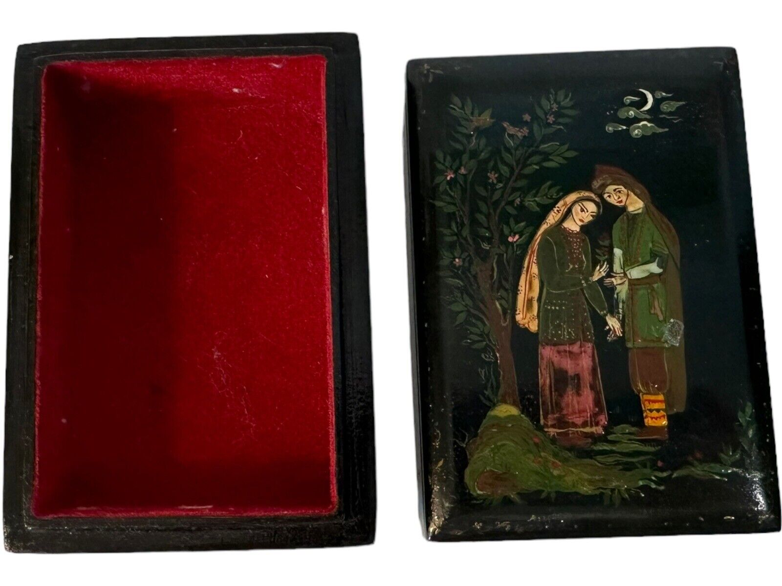 Vintage Black Laquer Love Trinket Ring Jewelry Box Small Russian Hand Painted