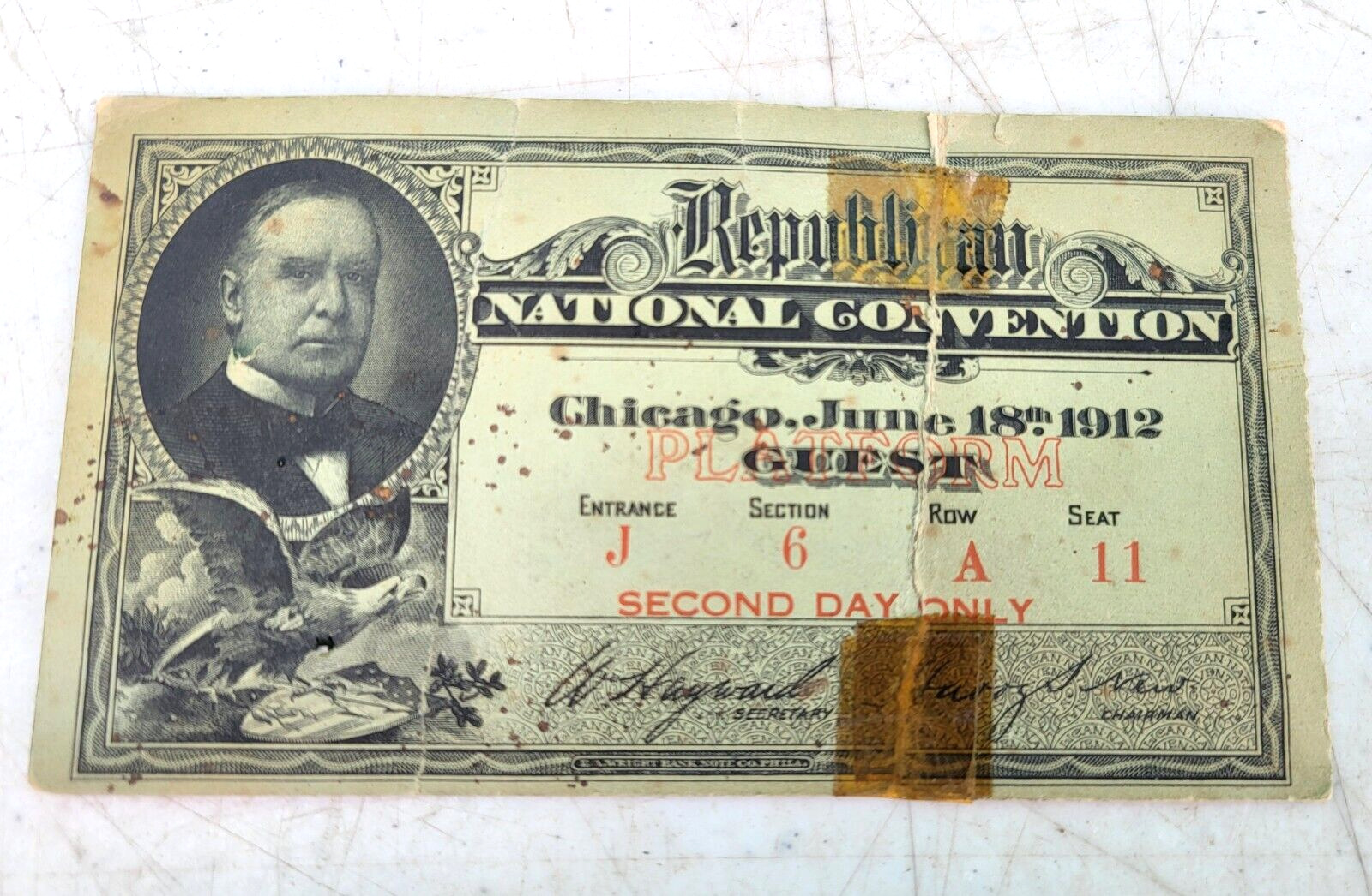 1912 Republican National Convention Ticket Stub Chicago Taft Souvenir