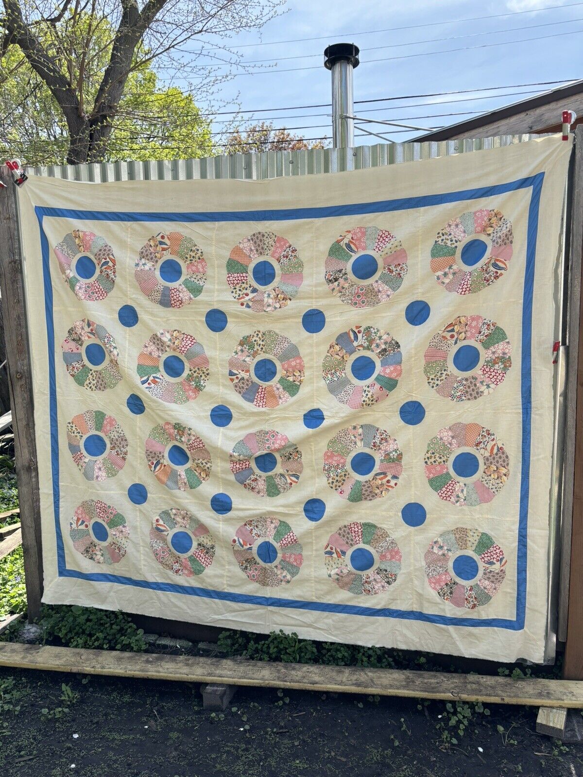 Beautiful Vintage Antique Dresden Plate Quilt 95”x84” Top Only Feedsack 30s 40s