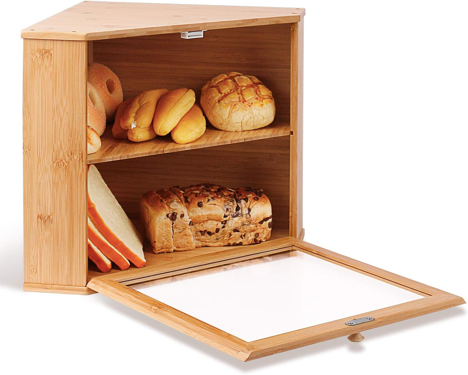 HOMEKOKO Double Layers Bamboo Corner Bread Box for Kitchen Counter, Wooden Large