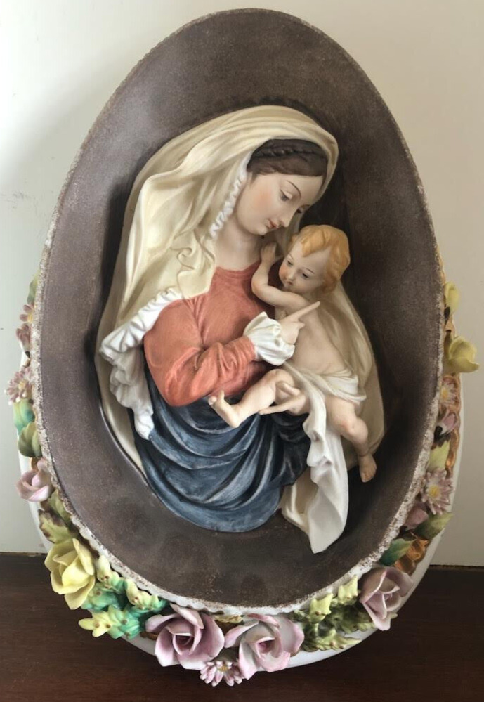 Vintage Catholic Porcelian Image of Mary and Child Relief Plaque Di Pietro