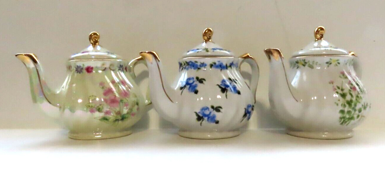 Nantucket miniature Porcelain-teapot collection of 3 Floral and gold design