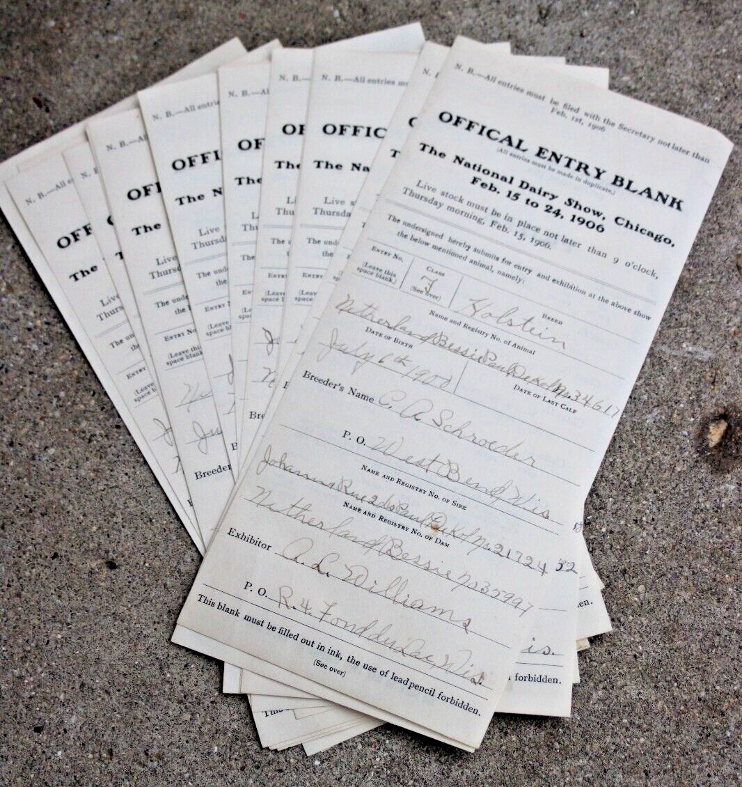 1906 National Dairy Show Chicago Lot of 14 Official Entry Blanks Used Holstein