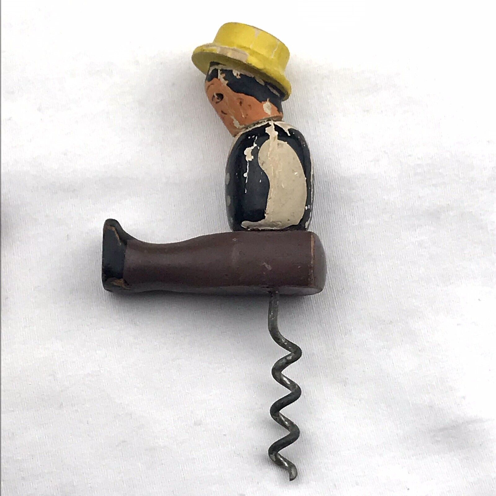 Wooden Painted Corkscrew Vintage Sitting Man With Hat