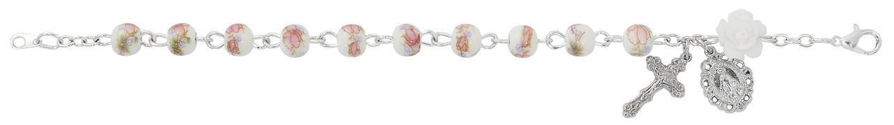 Pink Ceramic White Flower Bracelet Size 6.5in Comes in White Leather Gift Box