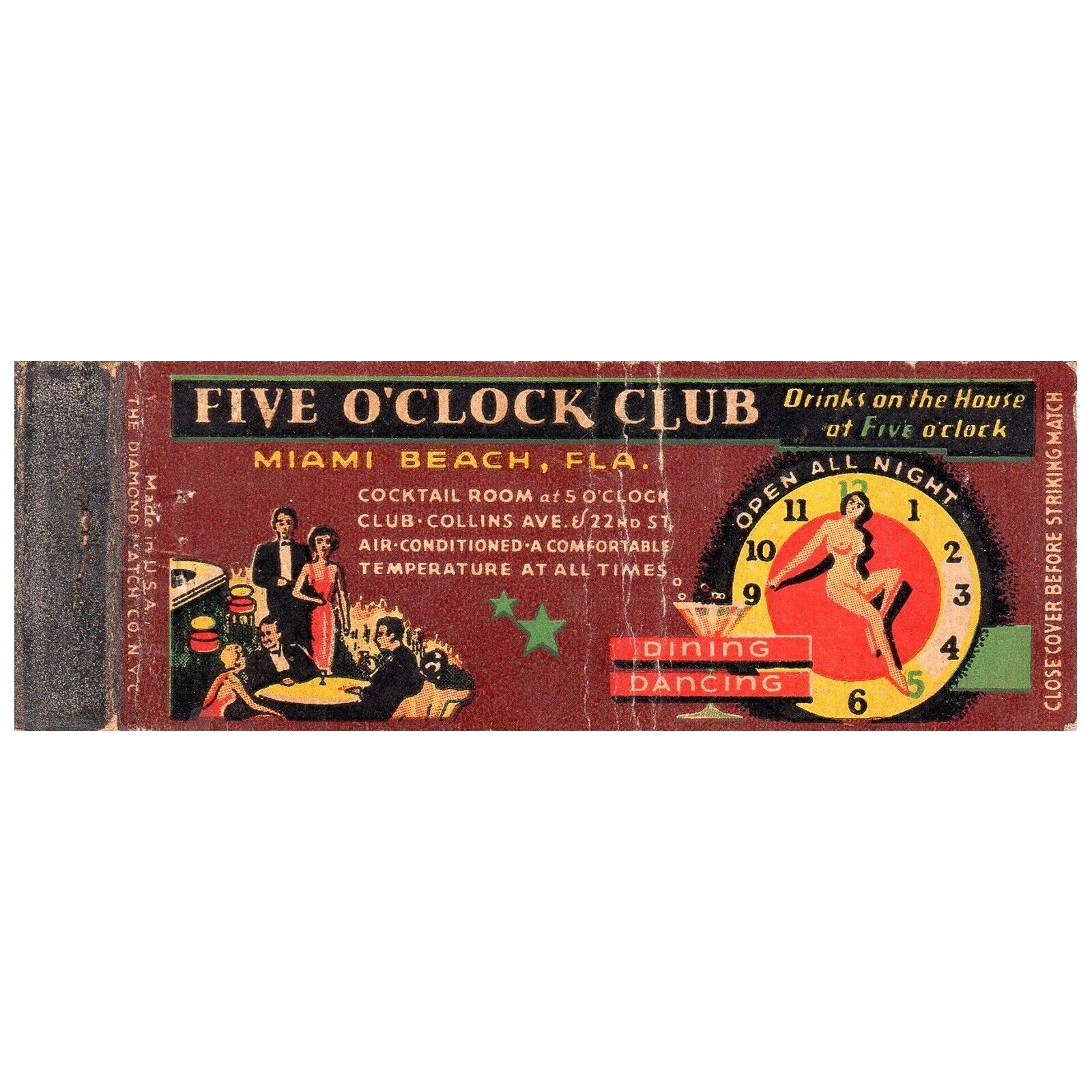 Vintage Matchbook Cover Five OClock Club Miami Beach FL full length girlie 1930s