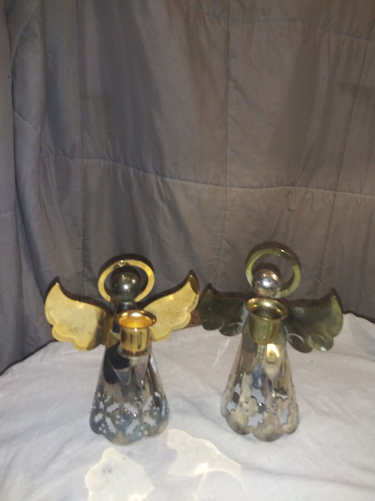 2 Vintage  Silverplate Brass Winged Angel Candlestick Holders Christmas Holiday 