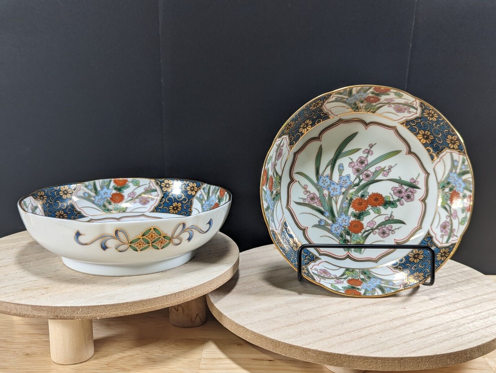 2 pc OMC Otagiri Imari Porcelain bowls - Made in Japan blue, gold, pink 