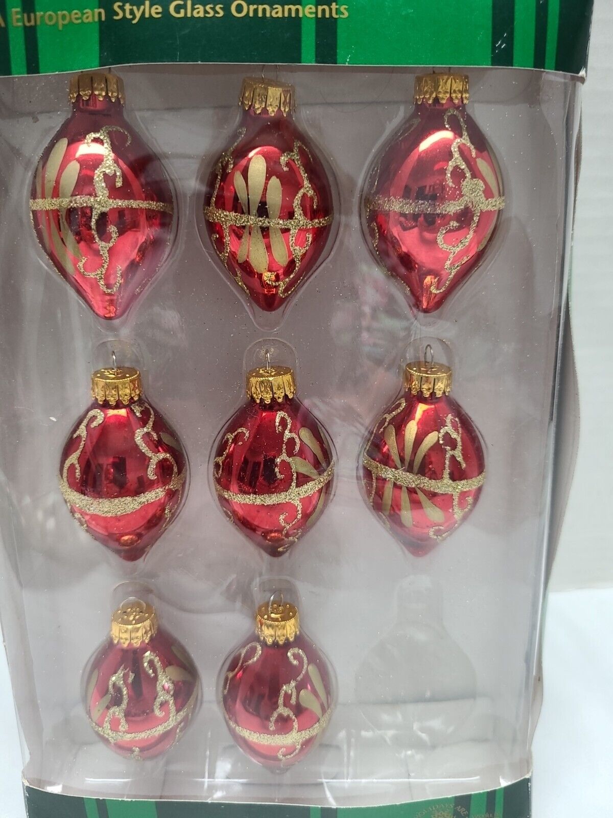 Finial Oval Ornament Set 8 Red Gold Glitter 2.5\