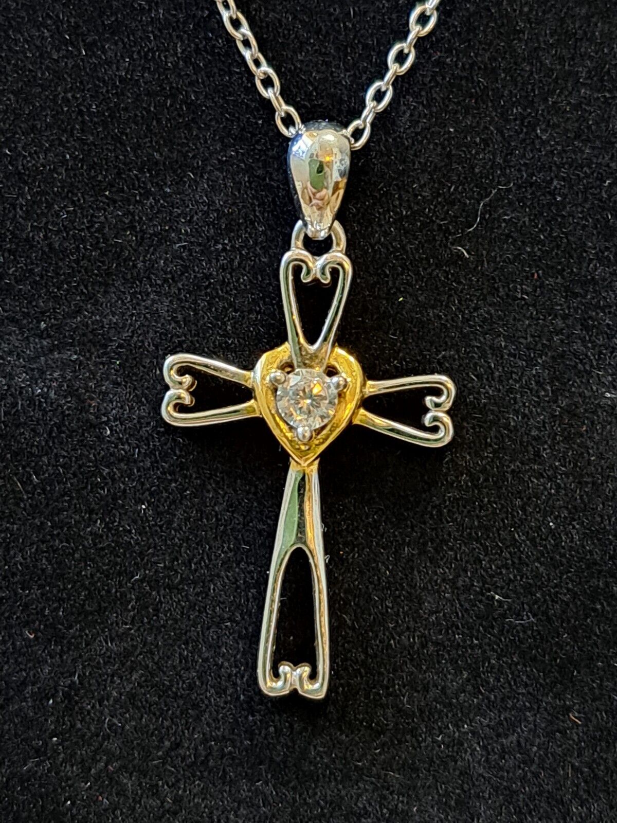 Sterling Silver Cross Pendant Necklace Gold Accents Hearts CZ