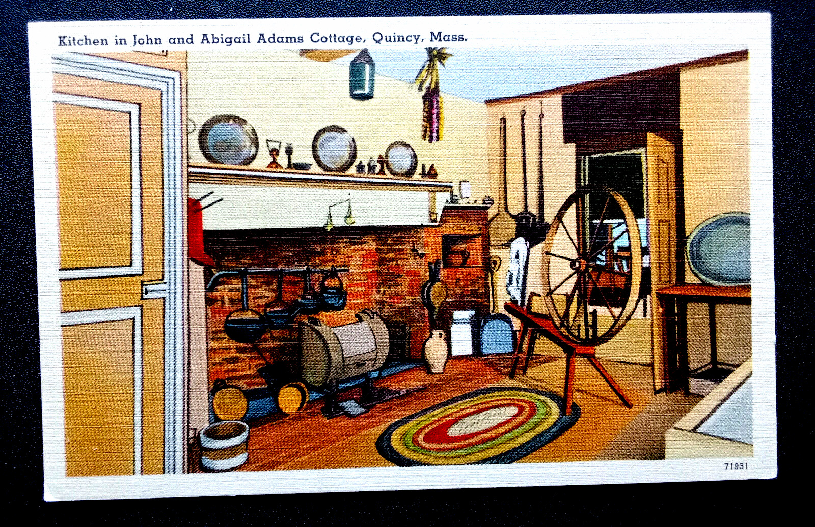 Quincy MA postcard :  John and Abigail Adams Cottage pilgrims kitchen 1940s