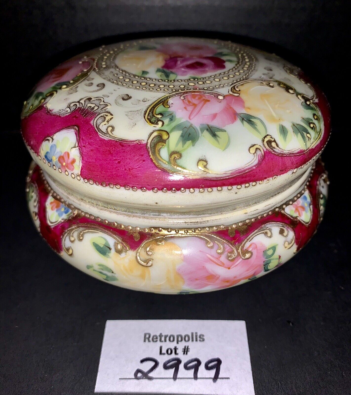 Vtg Royal Kinran Nippon Gold Moriage Floral Porcelain Vanity Powder Trinket Jar