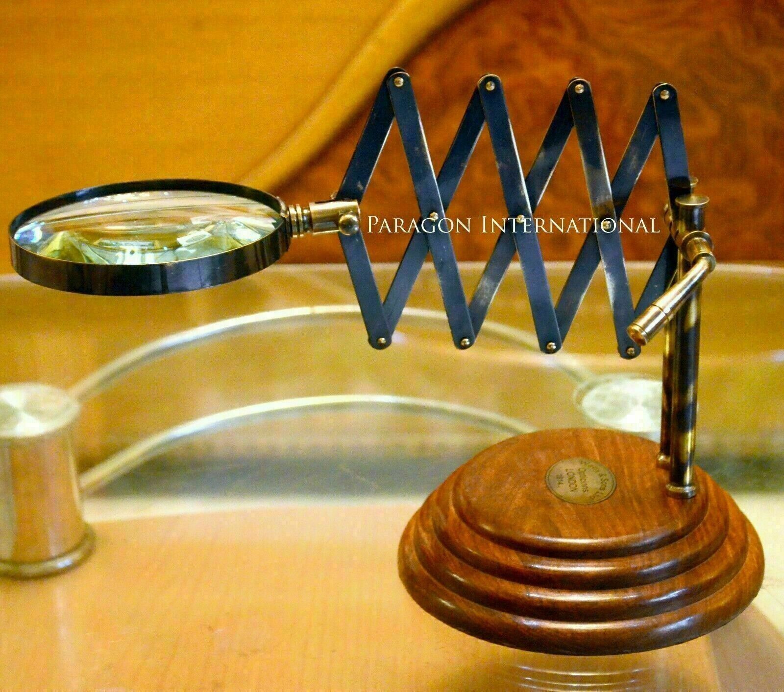 MAGNIFIER WOOD BASE VINTAGE DESKTOP TABLE TOP BRASS HANDMADE MAGNIFYING GLASS