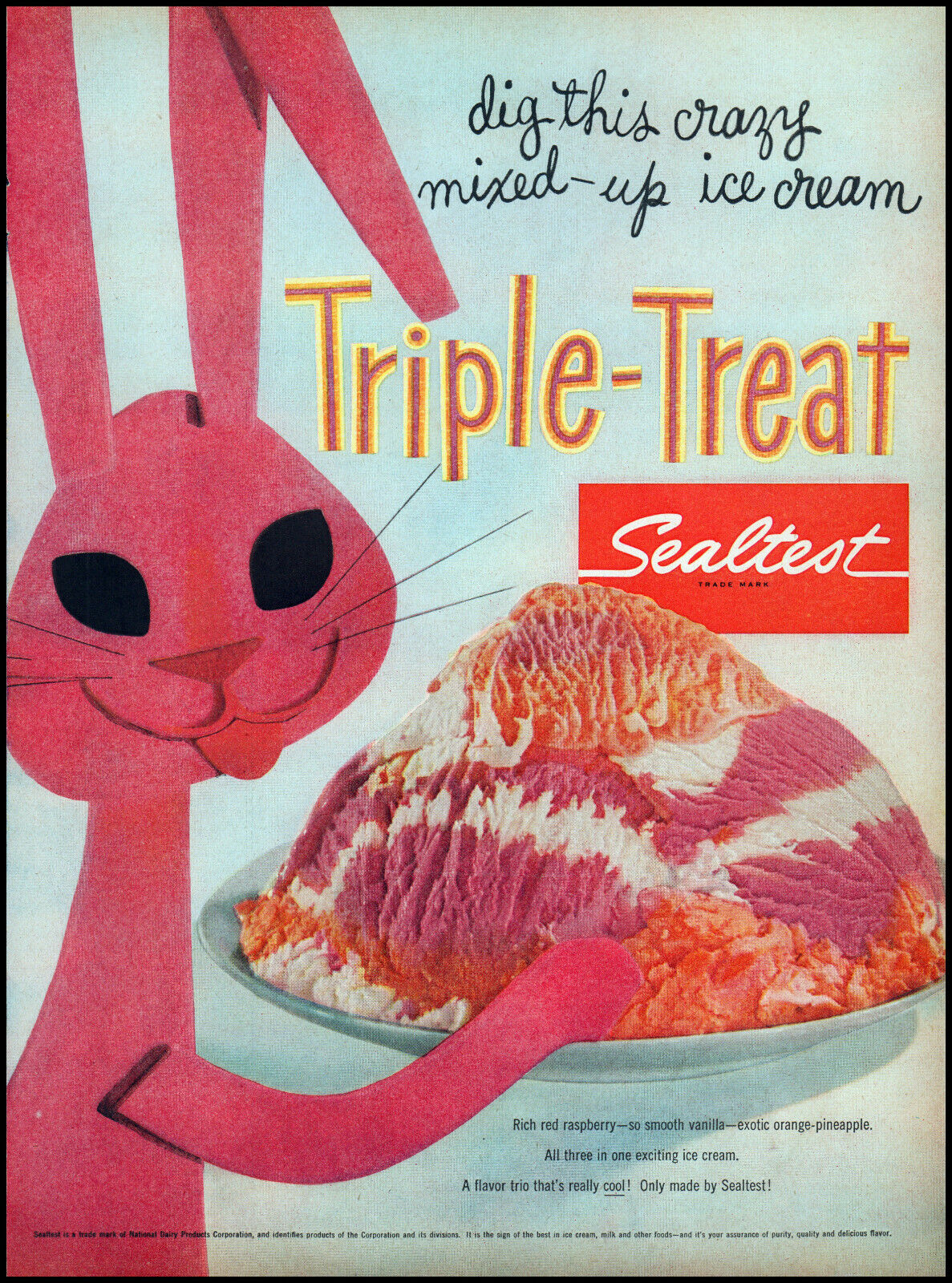 1955 pink Rabbit Sealtest triple treat ice cream retro photo print ad L93