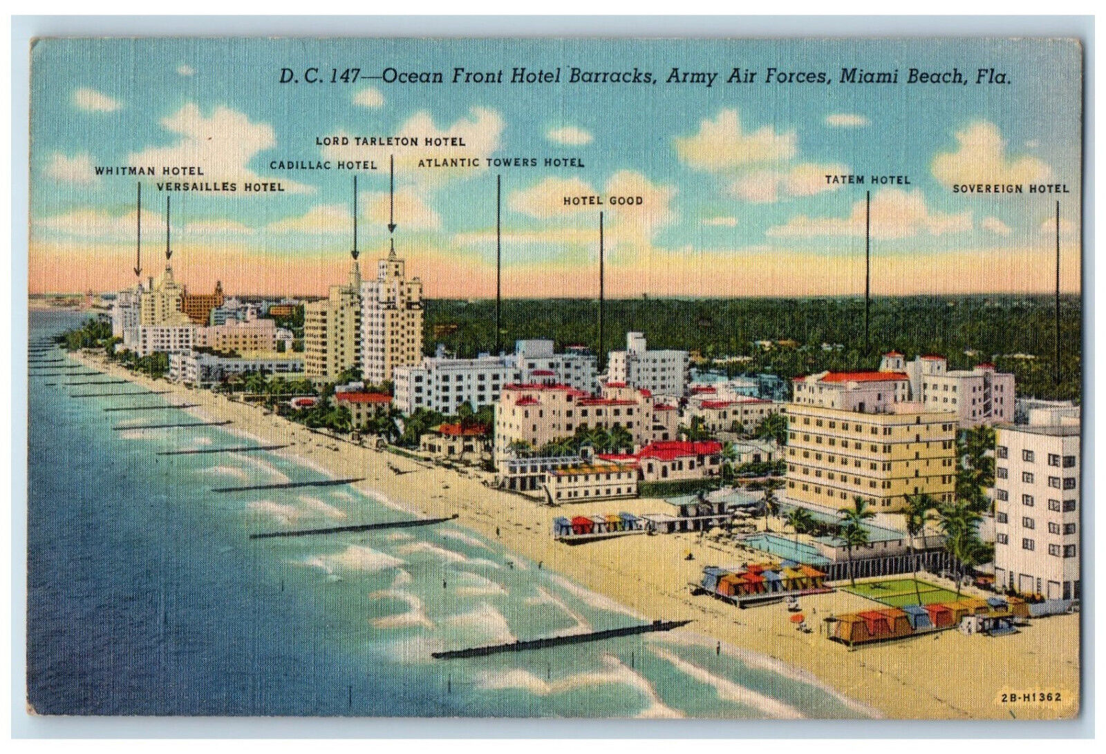 c1940's Ocean Front Hotel Barracks Army Air Forces Miami Beach FL Postcard