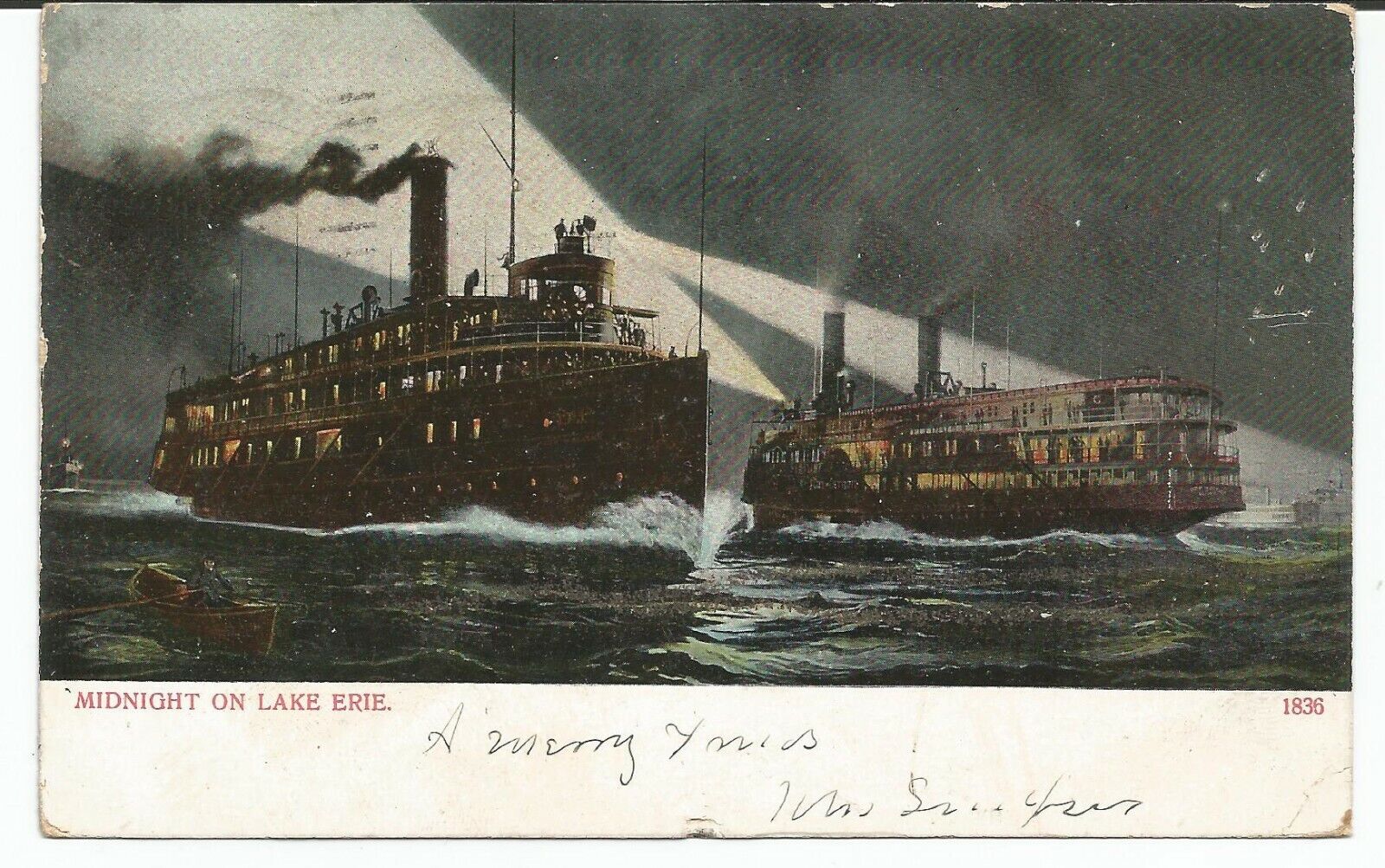 Midnight on Lake Erie Steamships Boats Posted 1906 Postcard
