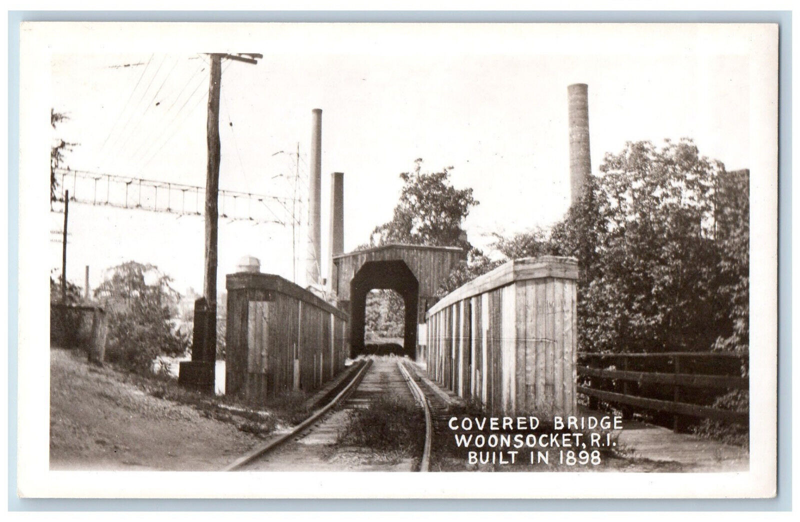 Woonsocket RI Postcard View of Posts Covered Bridge c1940\'s RPPC Photo