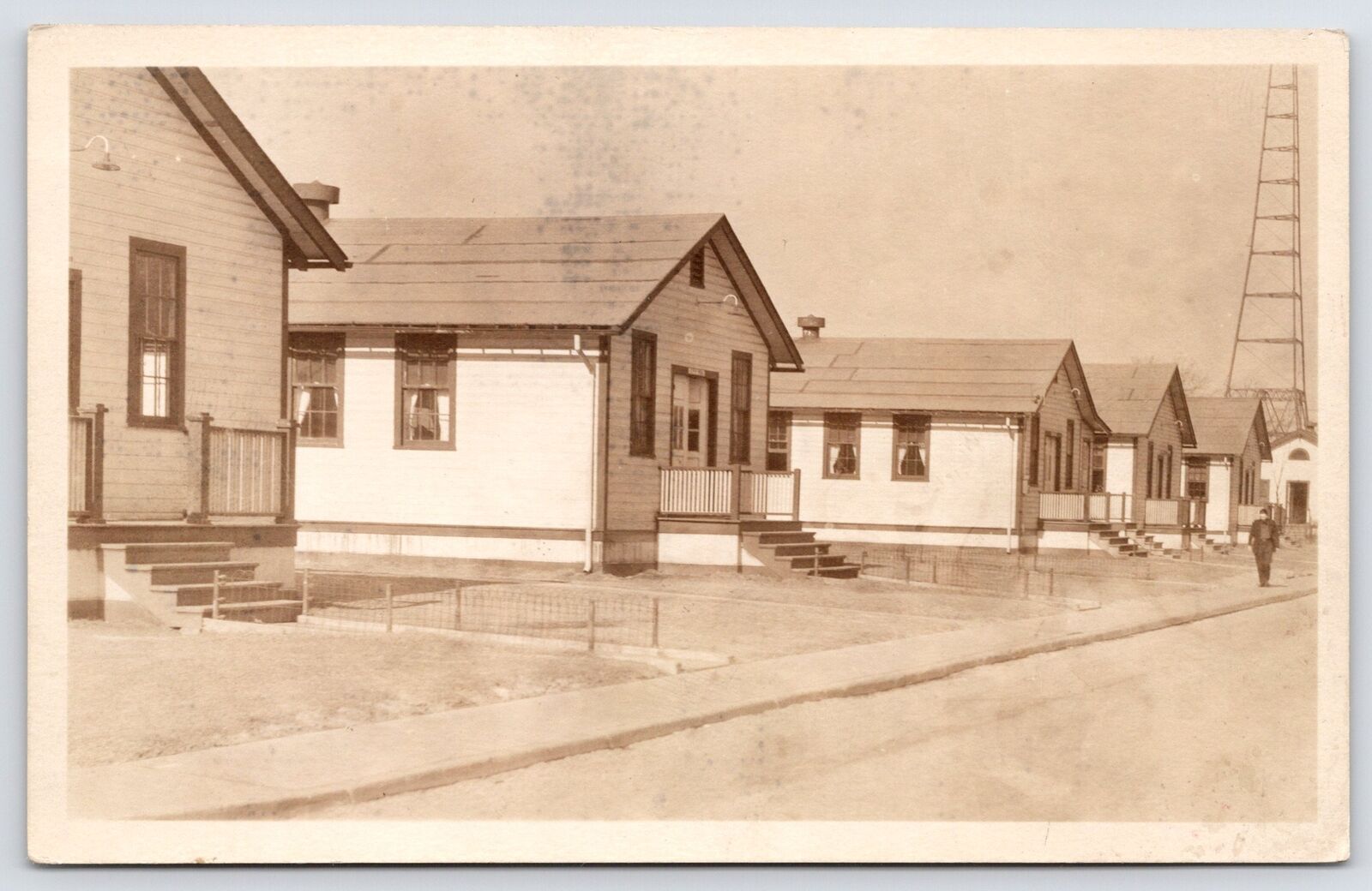 RPPC Cookie-Cutter Temporary Housing Cabins~Tower, Chapel?~Civilian~1930 Postcar