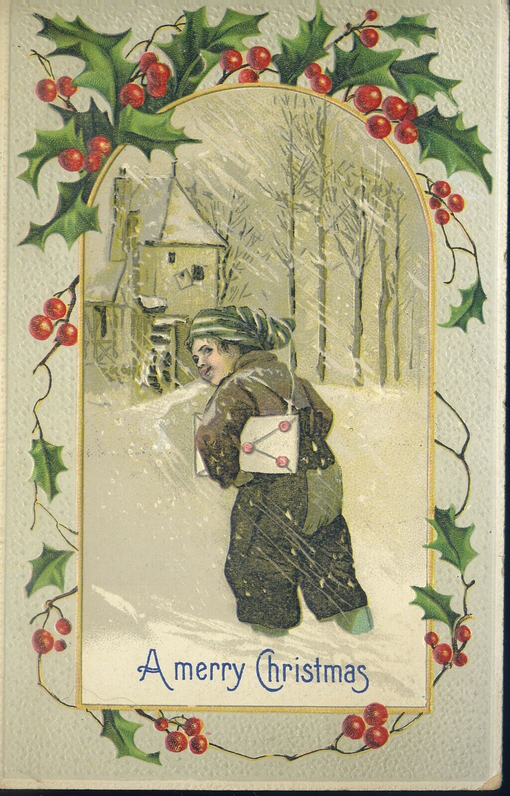 VINTAGE Christmas Postcard Embossed Boy delivering package in snow PCARD41