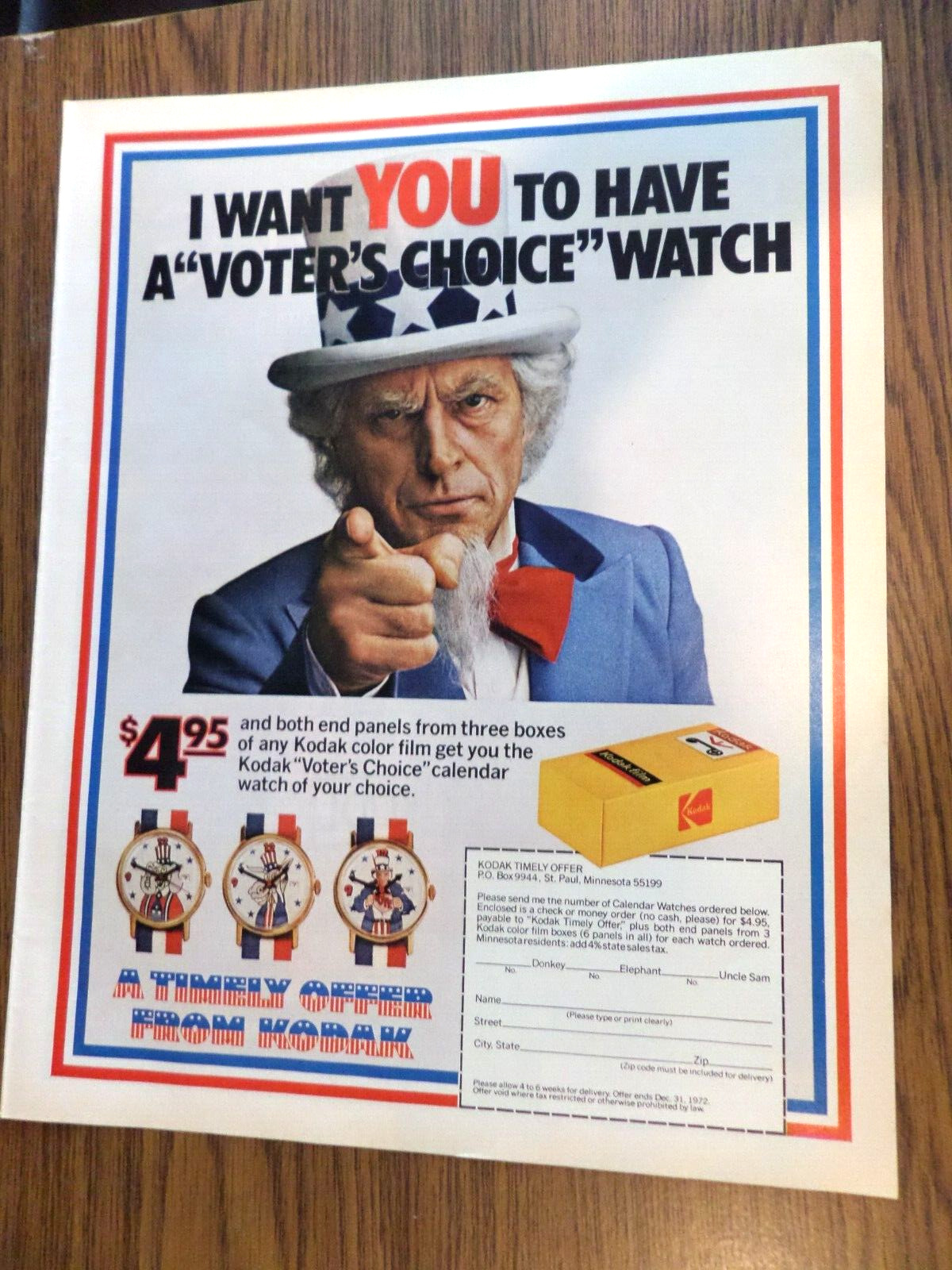 1972 Kodak Camera Watches Ad Voter Uncle Same Political Theme Elephant Donkey