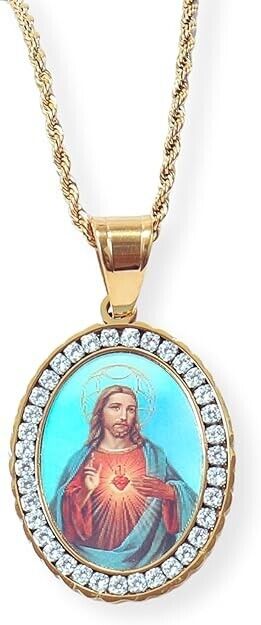 Jesus Immaculate Heart 3D Stainless Steel Necklace Gold Plated Zircon Pendant