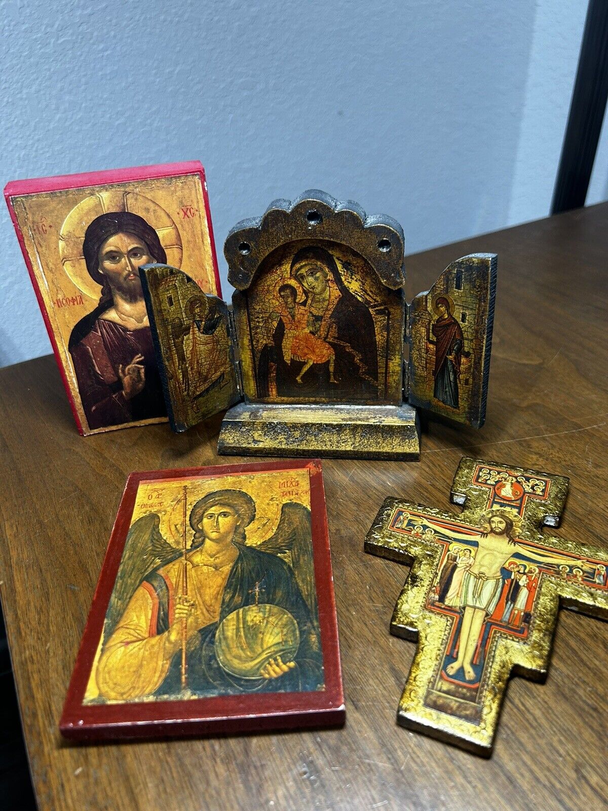 Vintage LOT of 4 Handmade Religious Russian Orthodox Tablets, Wall Art & Trifold