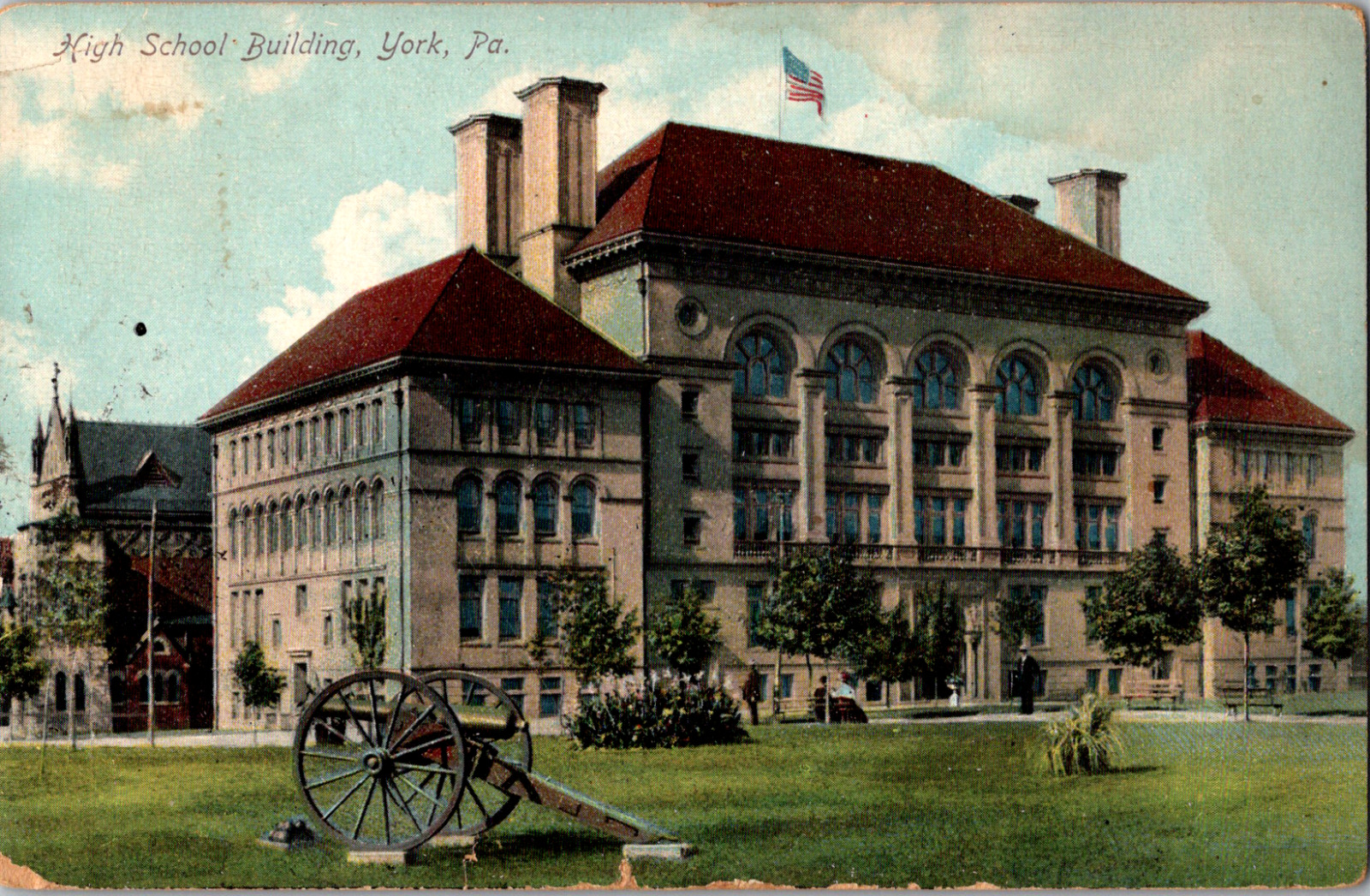 C 1908 High School Building York PA Pennsylvania Postcard Civil War Canon 