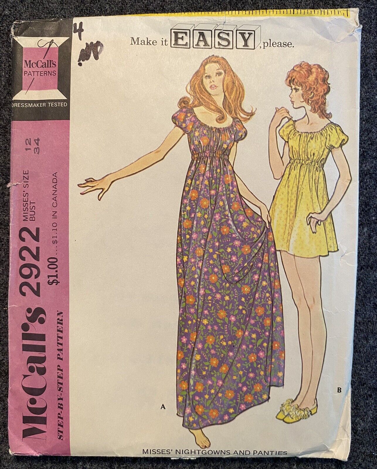 VTG 1971 McCall\'s 2922 Make it Easy Misses\' Nightgowns & Panties Size 12 UC/FF