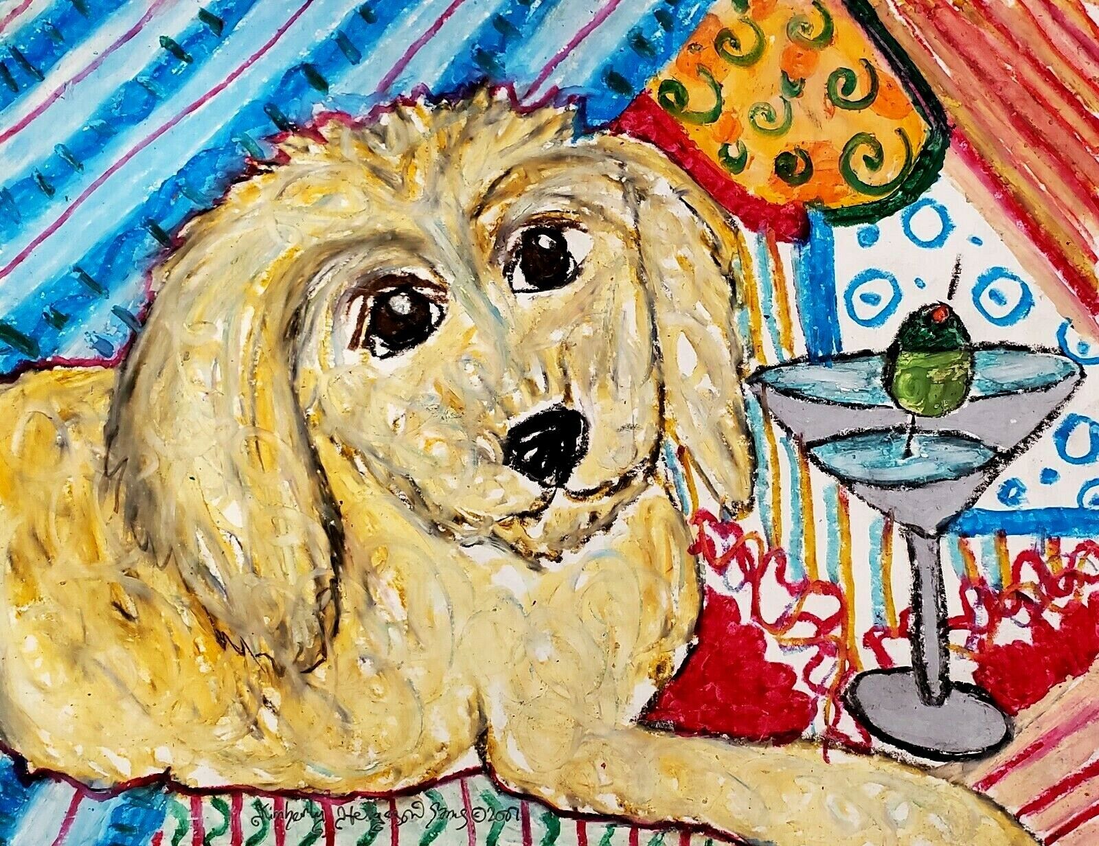 GOLDENDOODLE Martini Dog 13x19 Art PRINT Signed by Artist KSams Painting