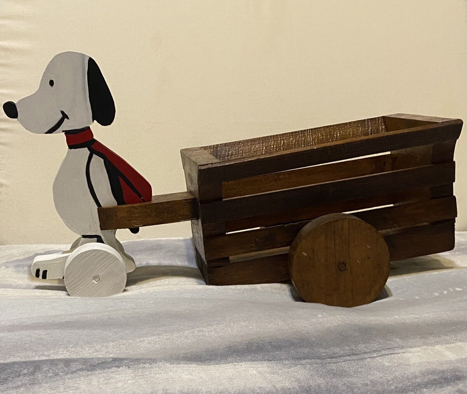 Handmade Wooden Snoopy with Cart Rare Vintage