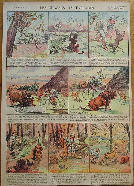 Hunter &  Monkey, Bull, Tiger 1915 French Comic Print- \'Les Chasses de Tartarin\'
