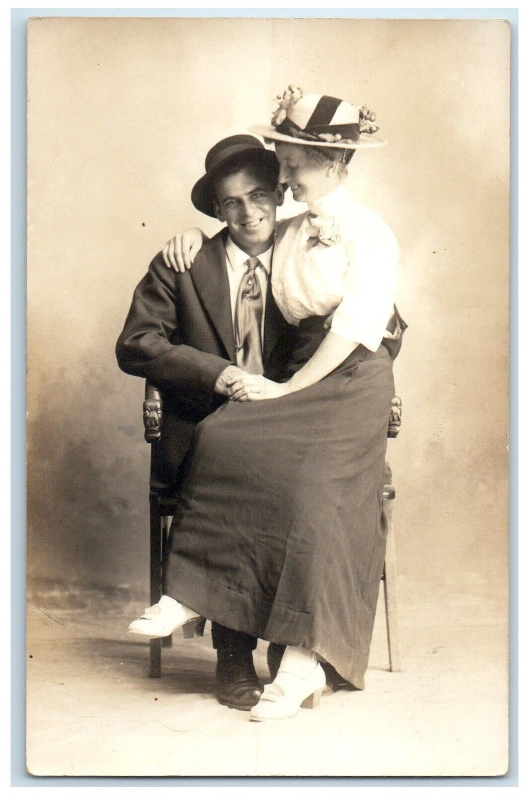 c1910's Sweet Coupe Romance Widow Hat Studio RPPC Photo Antique Postcard