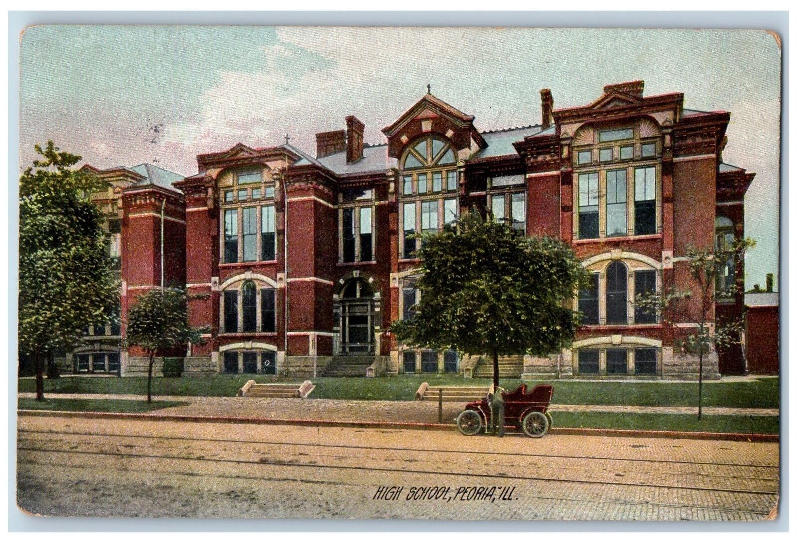 Peoria Illinois IL Postcard High School Building Exterior Roadside 1907 Antique