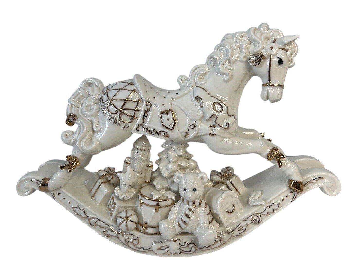 O\'well Musical Rocking Horse Hand Painted With Gold Accent 10” Tall Porcelain