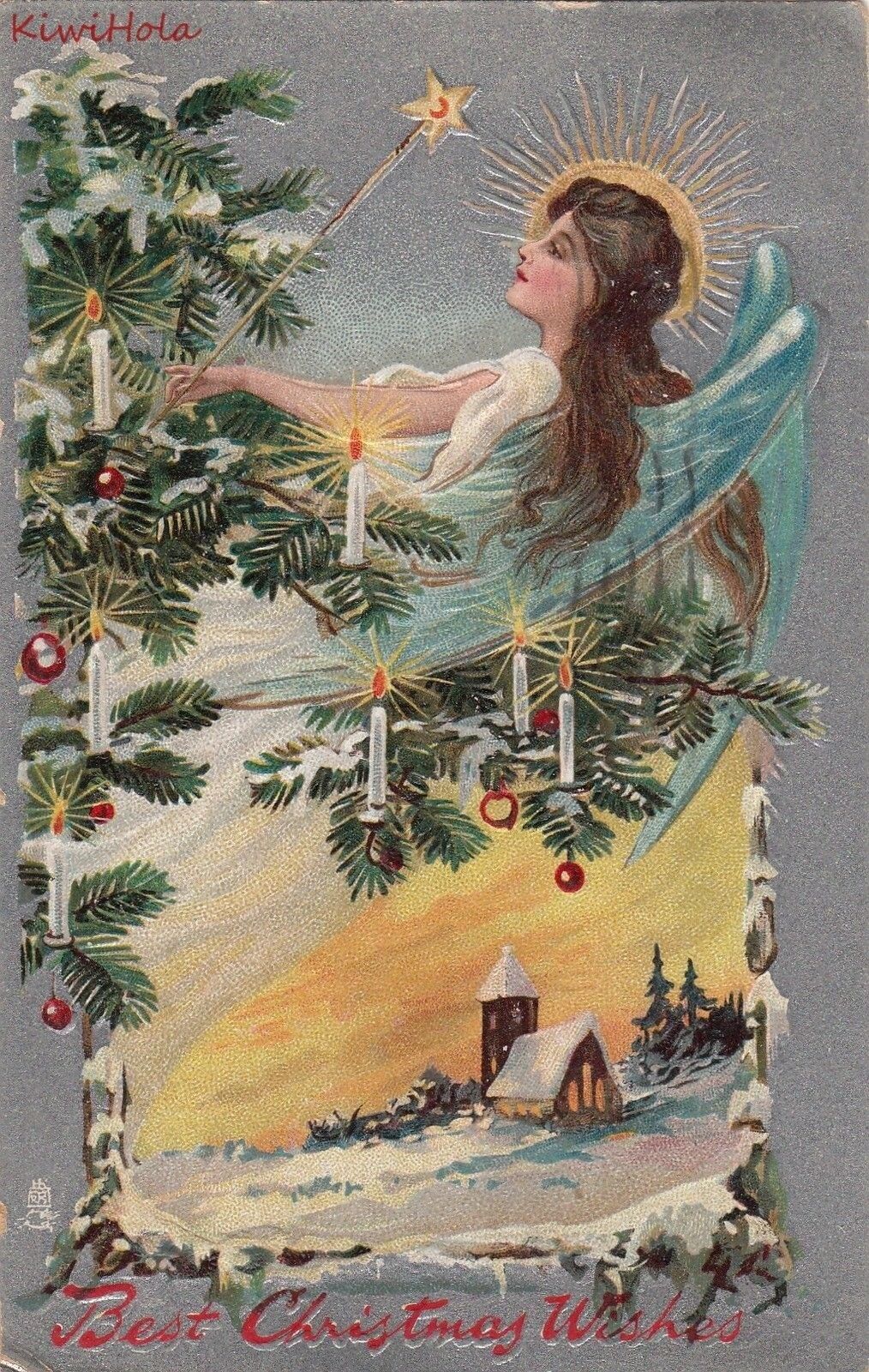 Postcard Best Christmas Wishes Angel Tree + Lights 1908