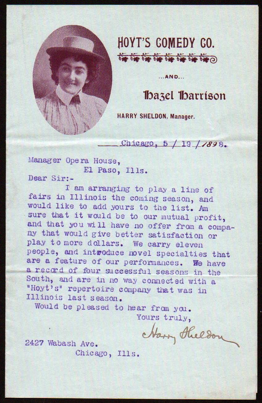 1898 Vaudeville Hoyts Comedy Co Harry Sheldon Hazel Harrison Letter Head Chicago