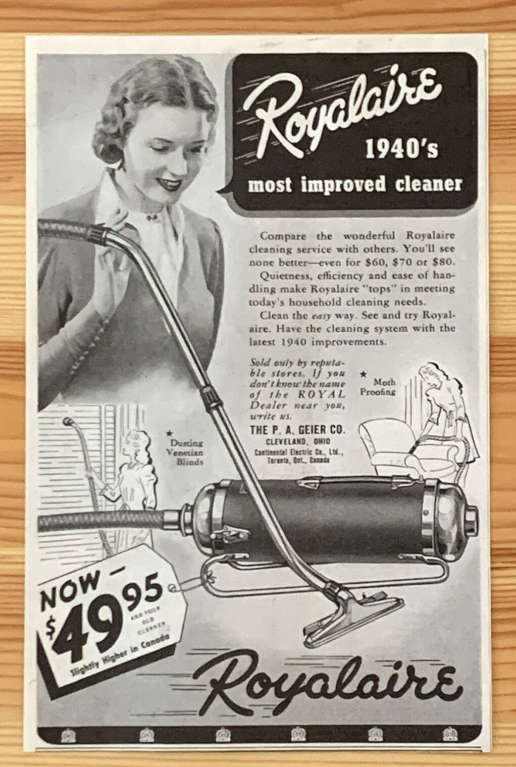 Print Ad Royalaire Vacuum P.A. Geier Co. Cleveland Ohio 1940 #0084