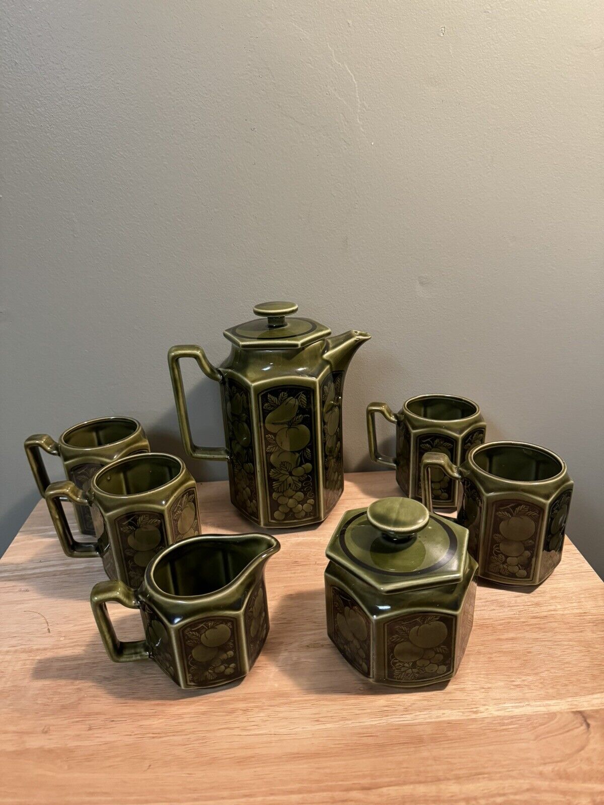 MCM 1970’s Japan Tea Coffee set Vintage Ceramic Glazed mugs, pot, creamer Sugar