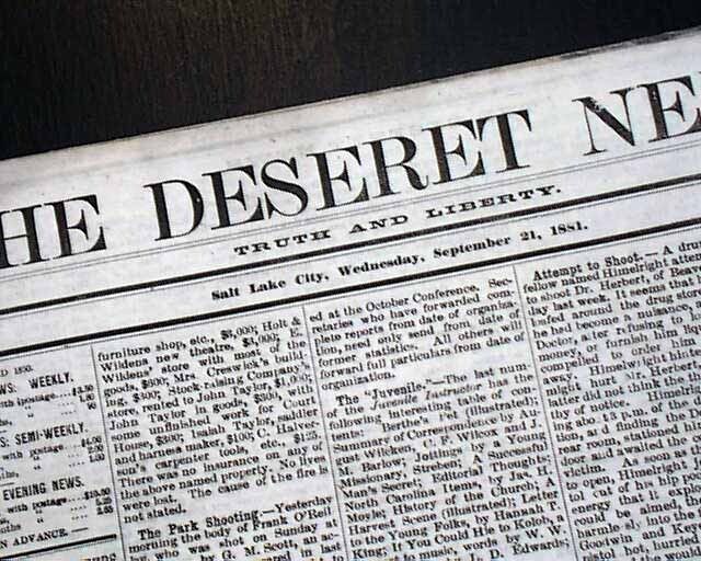 Rare MORMONS w/ James A. Garfield Assassination DEATH 1881 SLC Utah Newspaper   