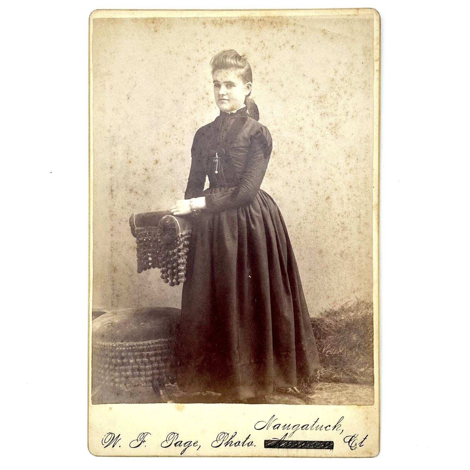 Antique Cabinet Card Photo Pretty Girl Portrait Black Dress 1800s Naugatuck CT