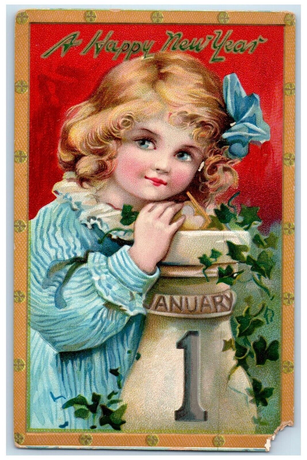 c1910\'s New Year Girl January 1 Holly Leaf Embossed Tuck\'s Antique Postcard